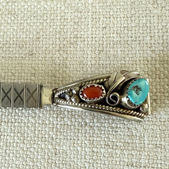 Sterling Silver Navajo Turquoise & Coral Watch Band Tips - Picture 6 of 13